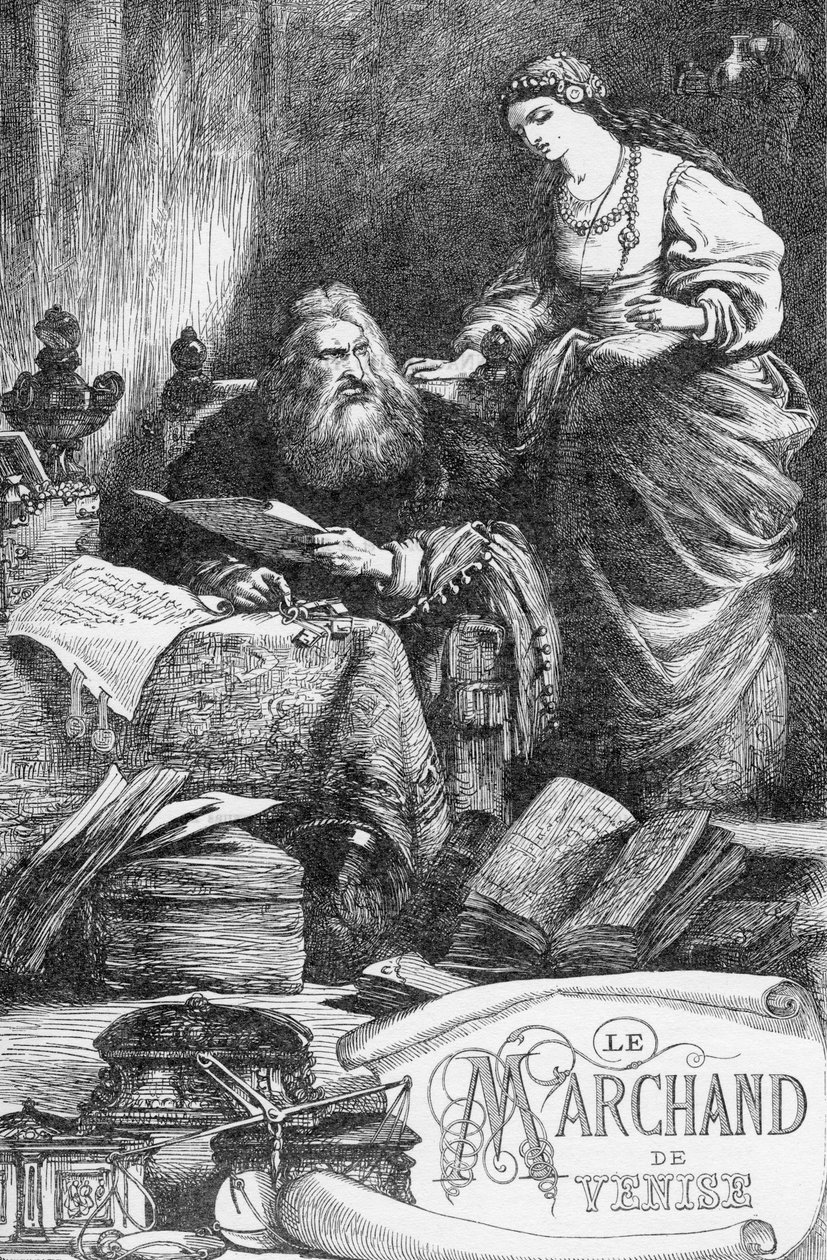 Kupec benátský – Kupec benátský – Ilustrace v „“ Dokončených dílech Williama Shakespeara““ 1866 – Ilustrace a obecná forma tohoto vydání jsou vypůjčeny z Cassellova ilustrovaného Shakespeara, vydaného v Londýně od English School