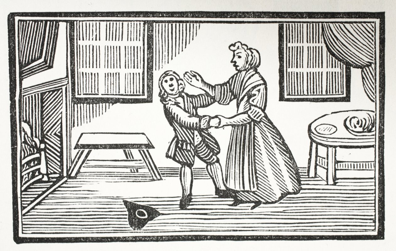 Metoda Meg přiměla jednoho z vikářů zaplatit jeho partituru, ilustrace z Chap-books of the Eighteenth Century od Johna Ashtona, hospoda. 1882 od English School