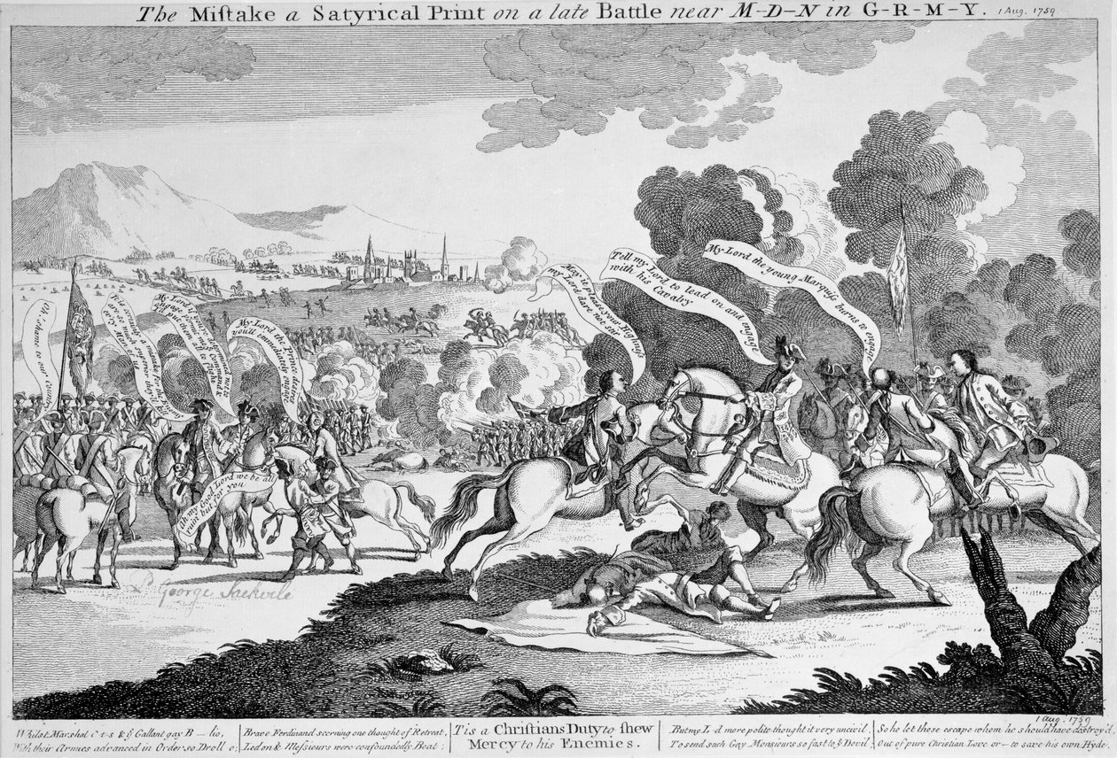 Chyba a satyrický tisk na pozdní bitvě poblíž M-d-n v G-r-m-y, kolem roku 1759 (lept) od English School