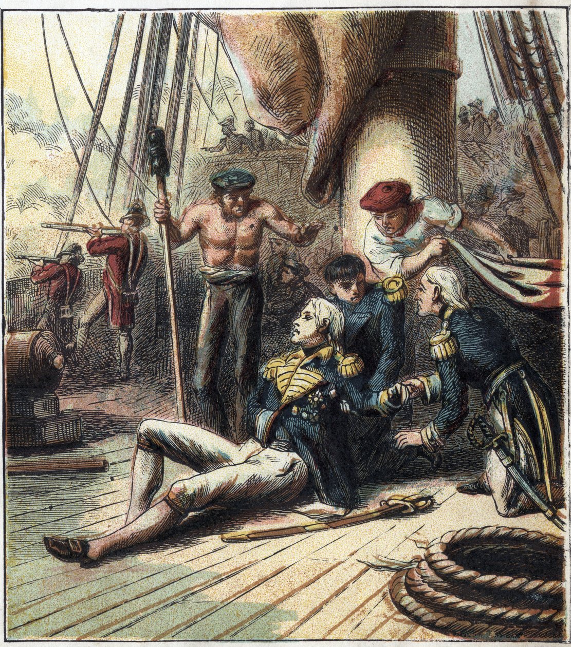 Napoleonská válka: bitva u Trafalgaru, 21. 10. 1805 se postavila proti francouzsko-španělské flotile pod vedením admirála Villeneuva proti britské flotile pod velením viceadmirála Nelsona. Zemřel tam. "Bitva o Trafalgar." od English School