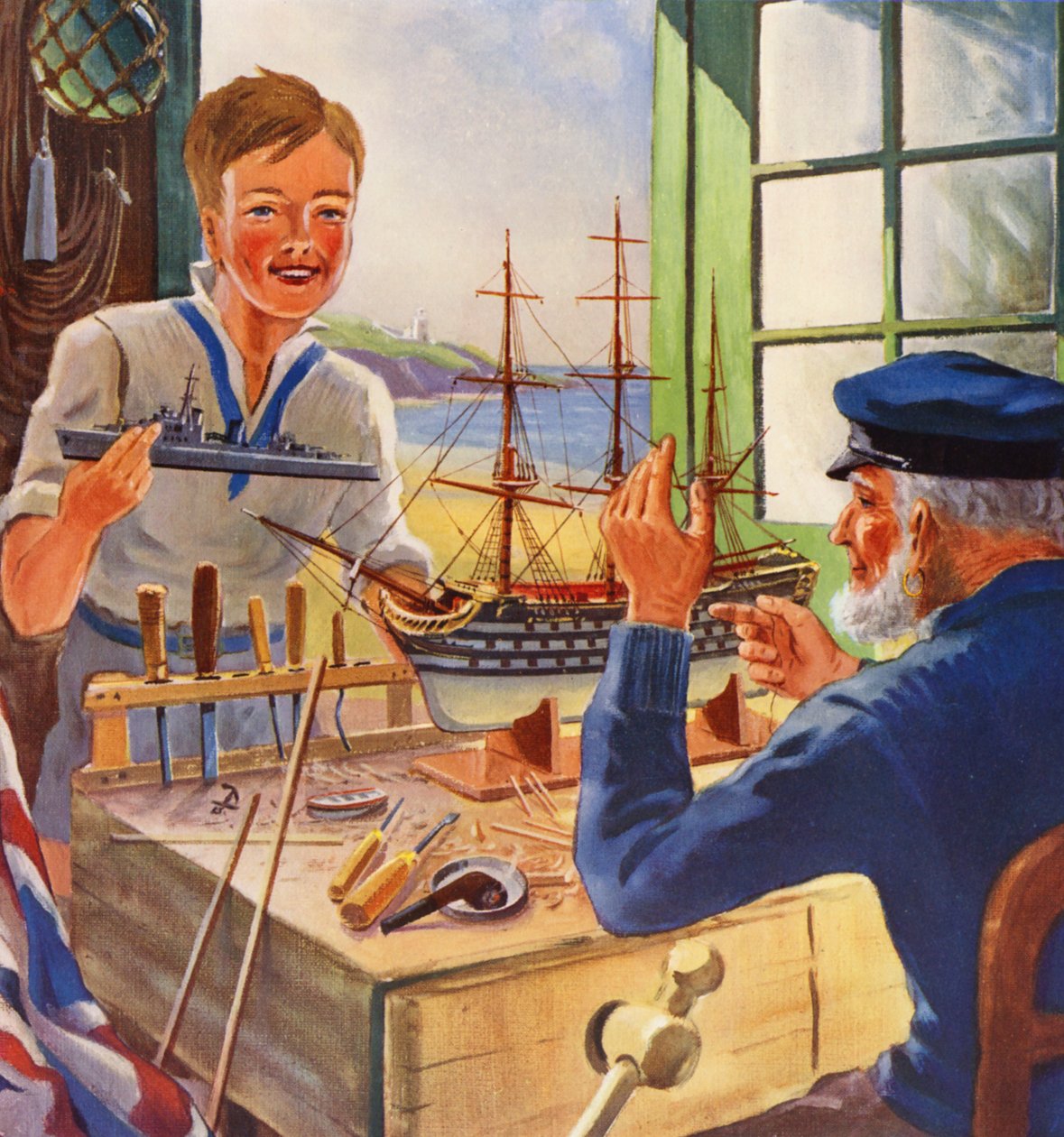 The Nelson Touch, staří a mladí výrobci modelů lodí (barevná litografie) od English School