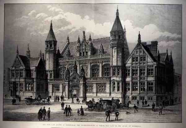 The New Law Courts v Birminghamu, jehož základní kámen položila královna, z The Illustrated London News, 26. března 1887 od English School