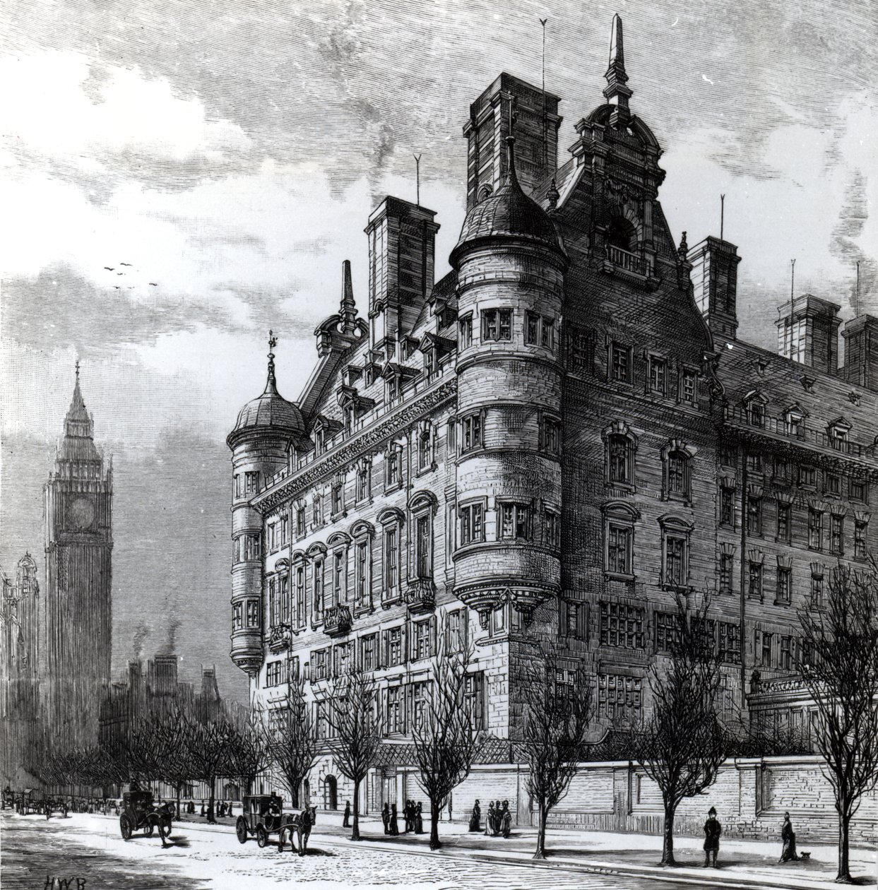 The New Police Offices on Victoria Embankment, vyryto H.W.B., publikované v „The Illustrated London News“ kolem roku 1890 od English School