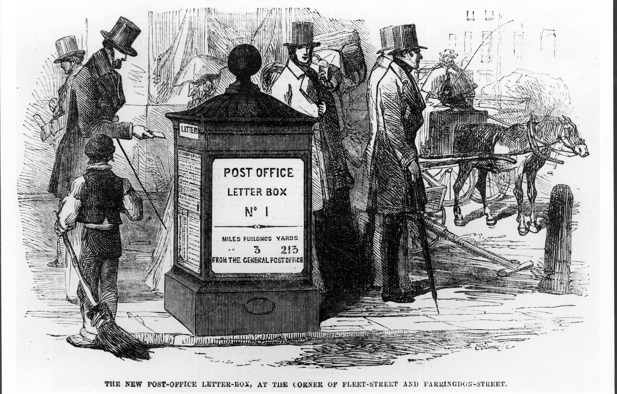 The New Post-Office Letter-Box, na rohu Fleet Street a Farringdon Street, z The Illustrated London News, 24. března 1855 od English School