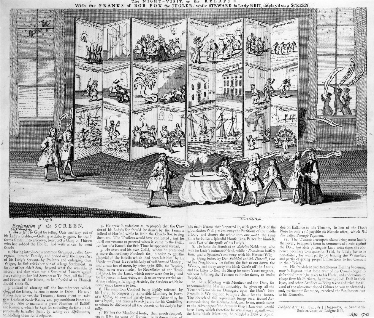 Noční návštěva aneb Relapse: s žerty Boba Foxe žongléra, zatímco Steward do Lady Britannia, zobrazeno na obrazovce, 1742 od English School
