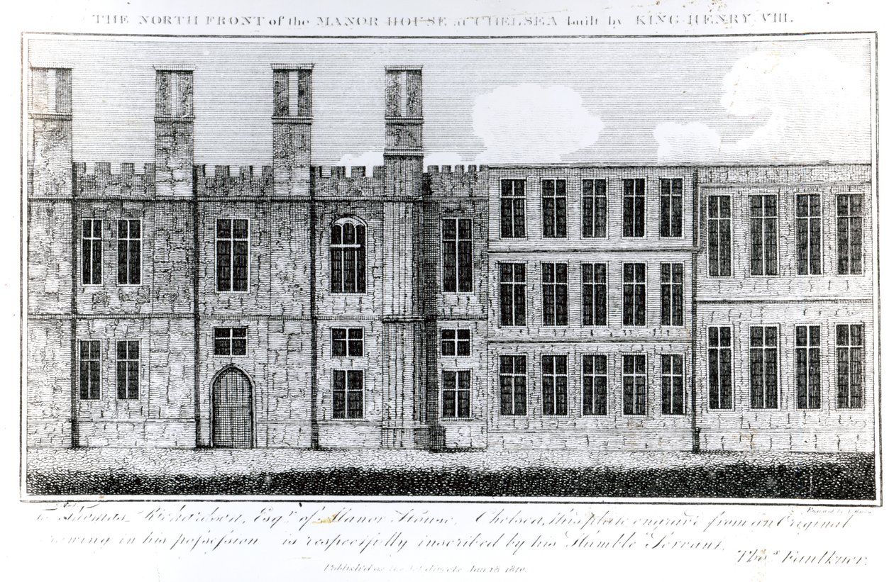 Severní fronta Manor House v Chelsea postavená králem Jindřichem VIII., rytina J. Barlowa, ilustrace v A Historical and Topographical Account of Chelsea and its Environs od Thomase Faulknera, od English School