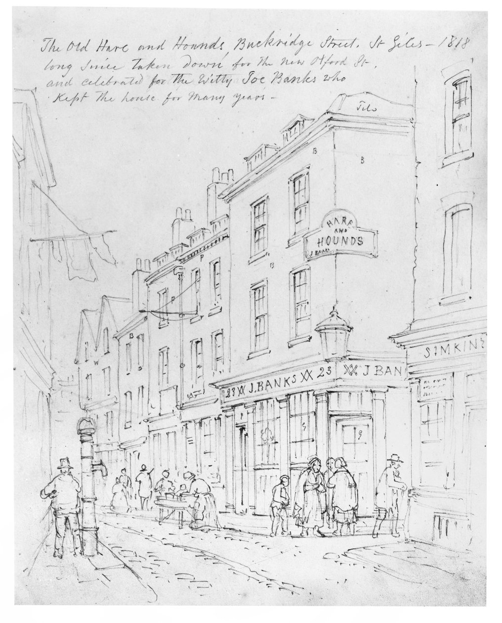 The Old Hare and Hounds, Buckridge Street, St Giles v roce 1818 (kresba) od English School