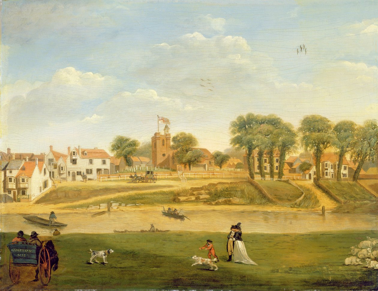 Starý farní kostel a vesnice, Hampton-on-Thames, Middlesex od English School