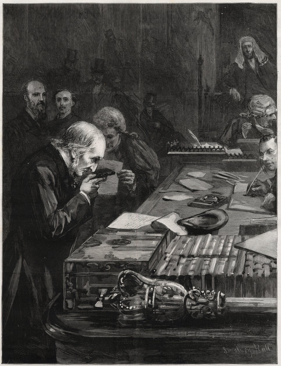 Otevření parlamentu, 31. ledna 1893, pan William Ewart Gladstone, podporovaný panem Marjoribanksem a panem H. Gladstonem, složil přísahu. Ilustrace pro grafiku od English School