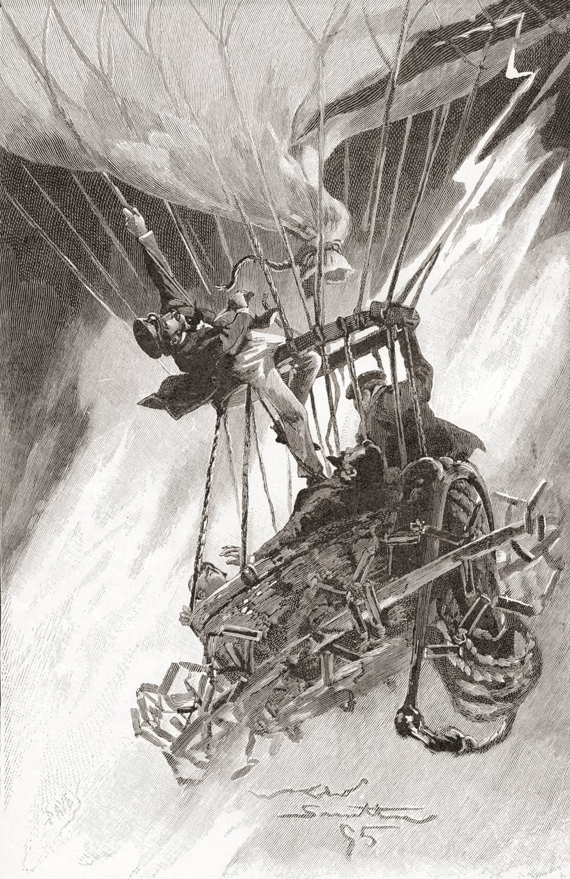 Nebezpečí horkovzdušného balónu. Balón v obtížích a chystá se zřítit. From The Strand Magazine, vydané 1896 (litho) od English School