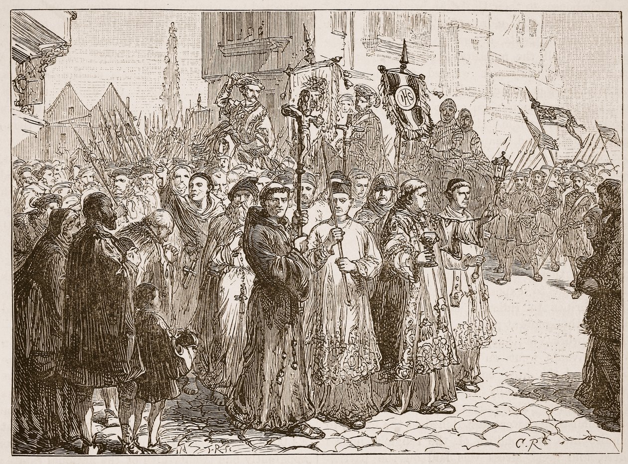 Pouť milosti v roce 1536, ilustrace z Cassells Illustrated History of England (sépiová fotografie) od English School