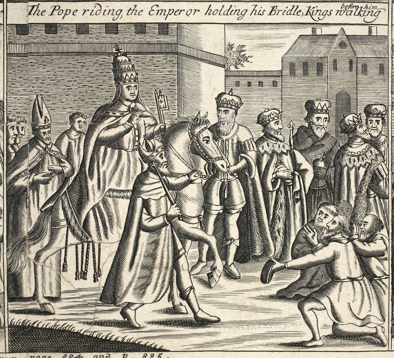 Papež na koni, císař držící uzdu, králové jdoucí před ním, ilustrace ze Skutků a pomníků od Johna Foxe, deváté vydání, hospoda. 1684 od English School