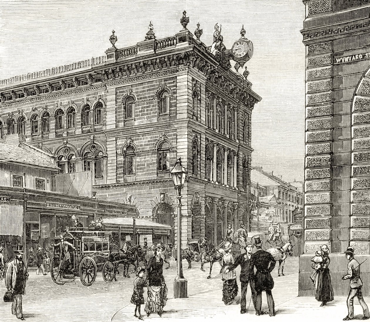 Pošta, George Street, Sydney, asi 1880, z knihy Howarda Willoughbyho "Australian Pictures", vydané Religious Tract Society, Londýn, 1886. od English School