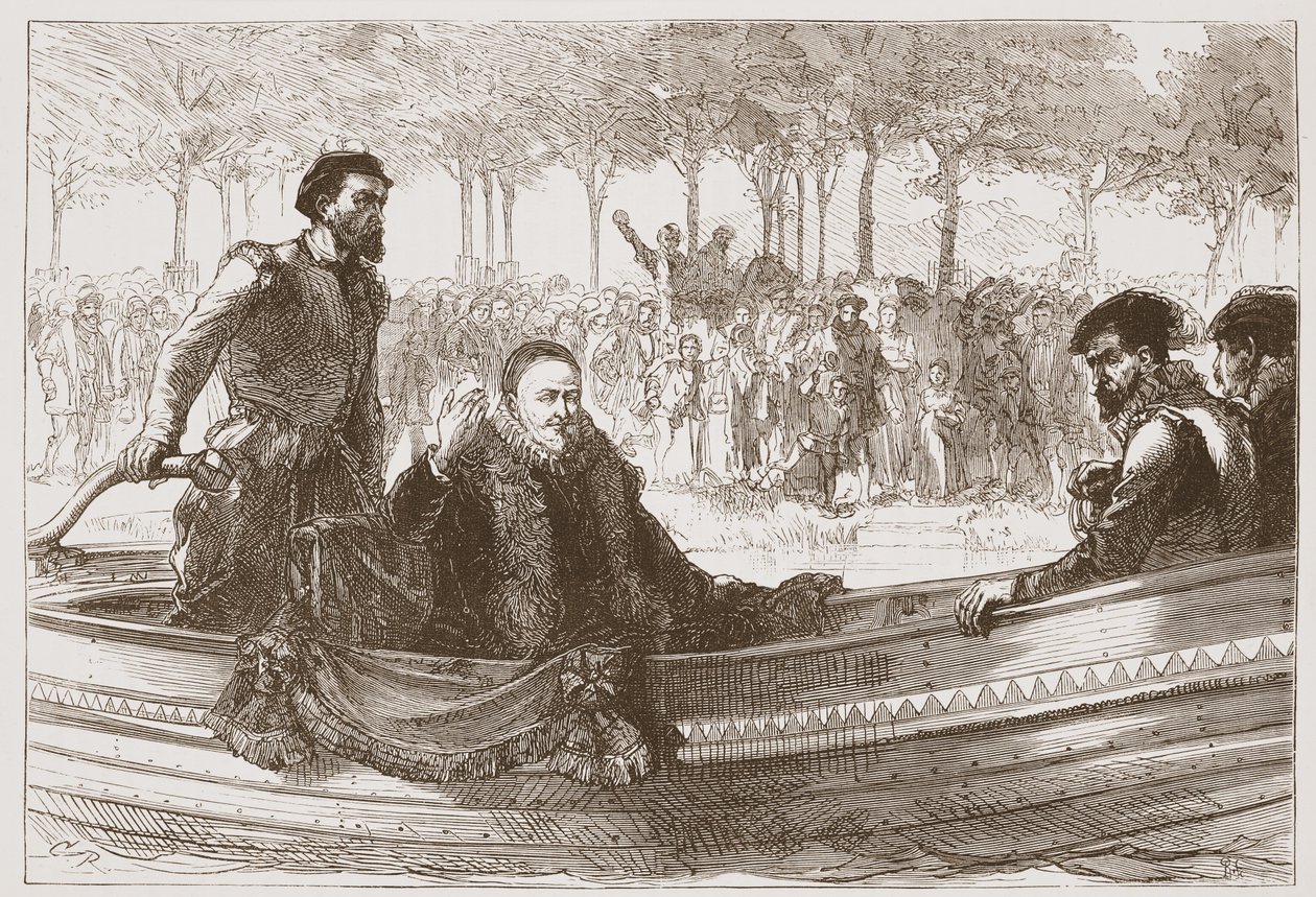 Princ Oranžský na své bárce na cestě do Bruselu, ilustrace z Historie protestantismu od Jamese Aitkena Wylie (1808-1890), hospoda. 1878 od English School