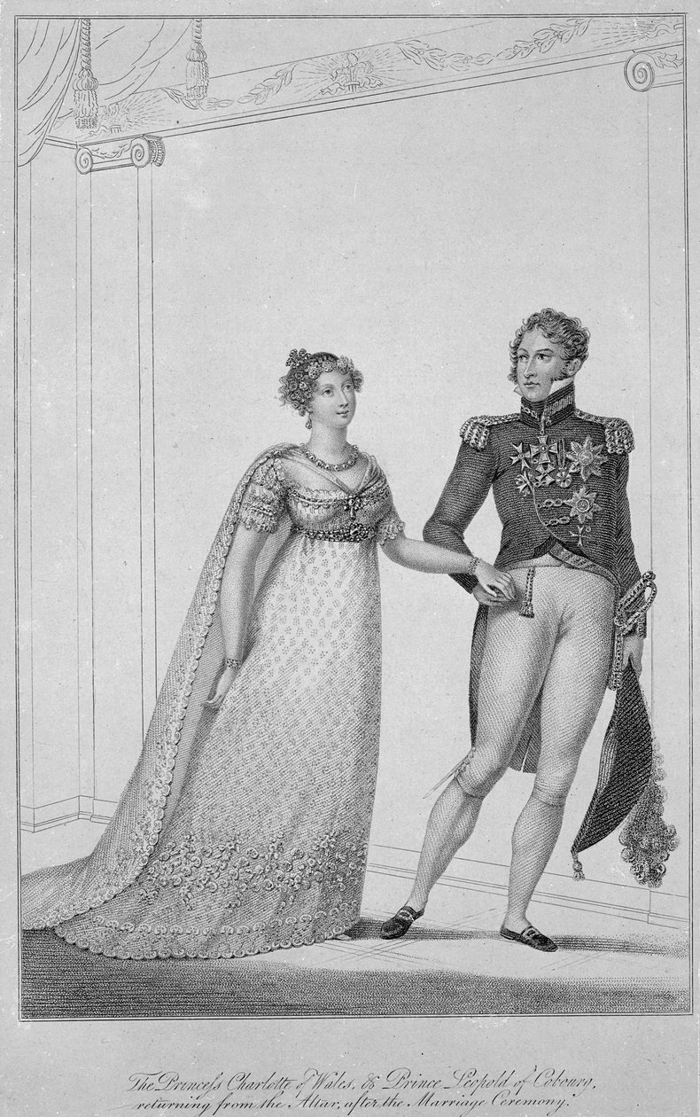 Princezna Charlotte z Walesu a princ Leopold z Cobourgu se vracejí od oltáře po svatebním obřadu, 1816 od English School