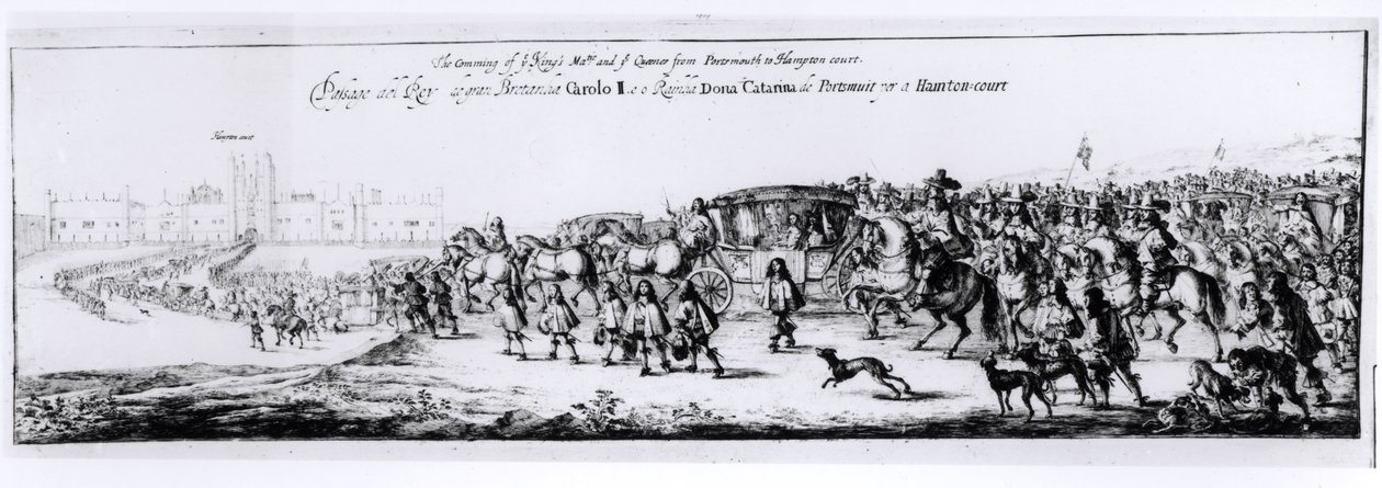 Průvod Karla II. (1630-85) a jeho nové královny Kateřiny z Braganzy (1638-1705) z Portsmouthu do Hampton Courtu, 1662 od English School