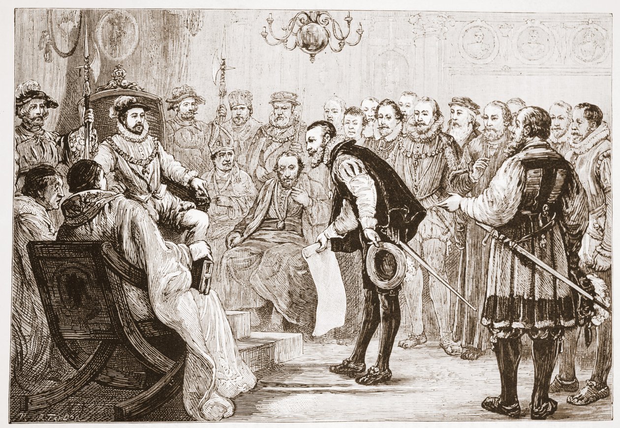 Protestantští princové představují své vyznání Karlovi, ilustrace z Historie protestantismu od Jamese Aitkena Wylie (1808-1890), hospoda. 1878 od English School