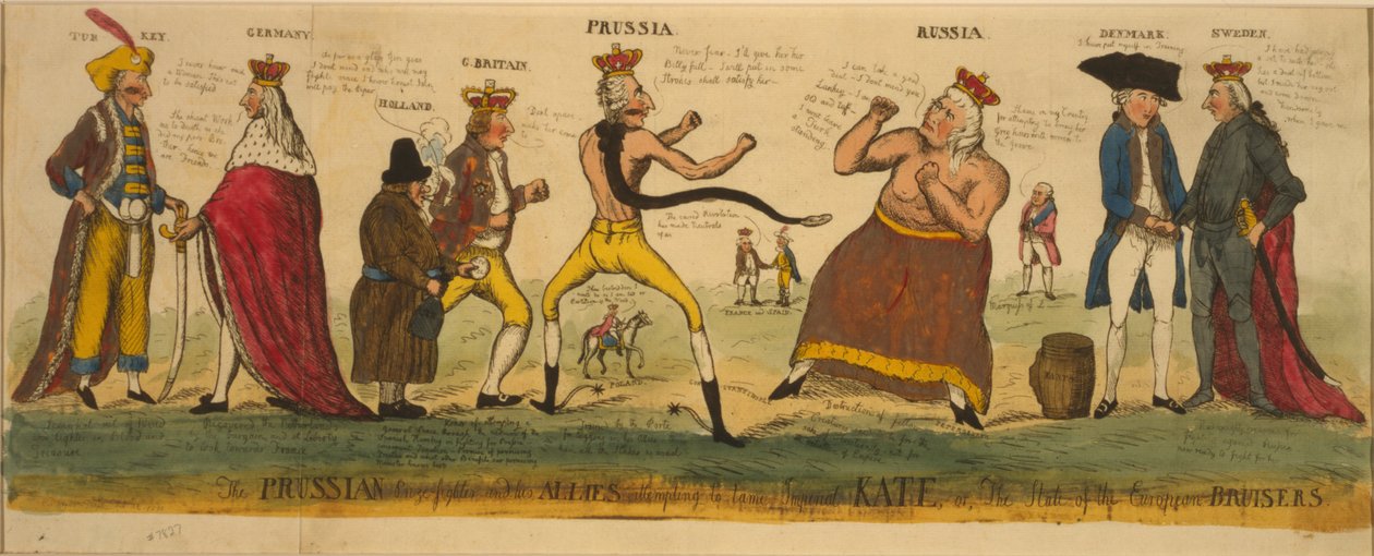 Pruský vítěz a jeho spojenci pokoušející se zkrotit císařskou Kate, neboli stav evropských bursierů, 1791 (ručně kolorovaný lept) od English School