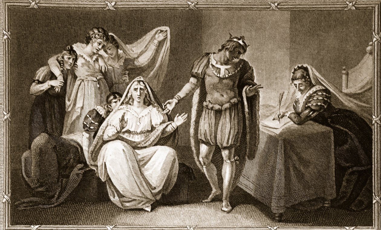 Královna vdova dává sebe a své dcery pod ochranu Richarda III., ilustrace od Davida Humese The History of England, pub. od R. Bowyera, Londýn, 1812 od English School