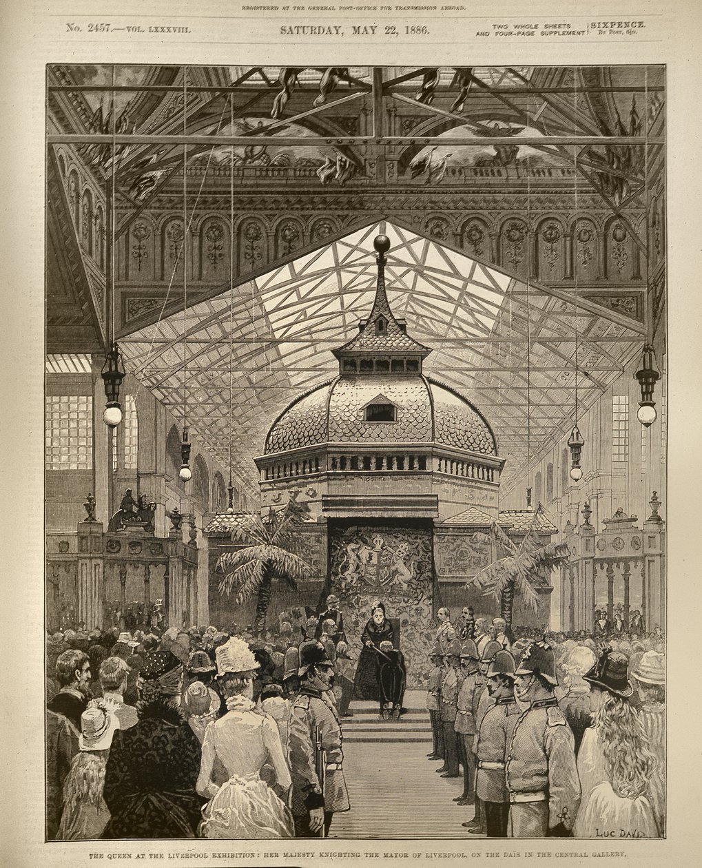 Královna na výstavě v Liverpoolu: Její Veličenstvo Knighting starosty Liverpoolu na pódiu v Centrální galerii, z The Illustrated London News, 22. května 1886 od English School