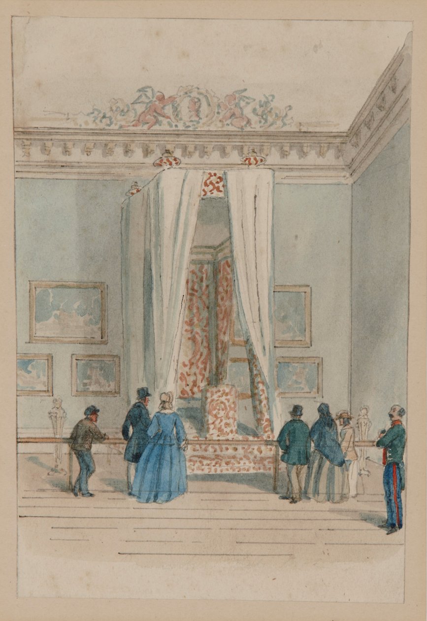 Královnina ložnice se státní postelí královny Anny, cca 1860-70 (akvarel na papíře) od English School