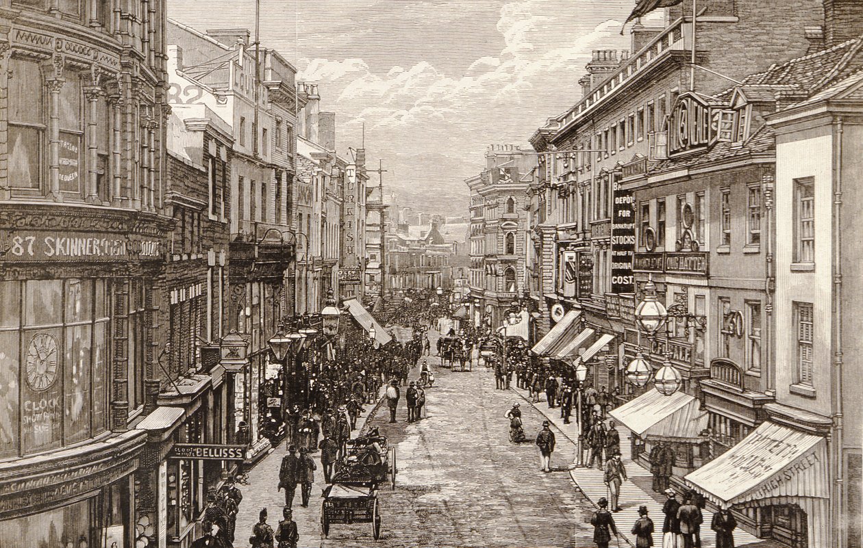 Návštěva královny v Birminghamu: The High Street, z „The Illustrated London News“, 2. dubna 1887 od English School