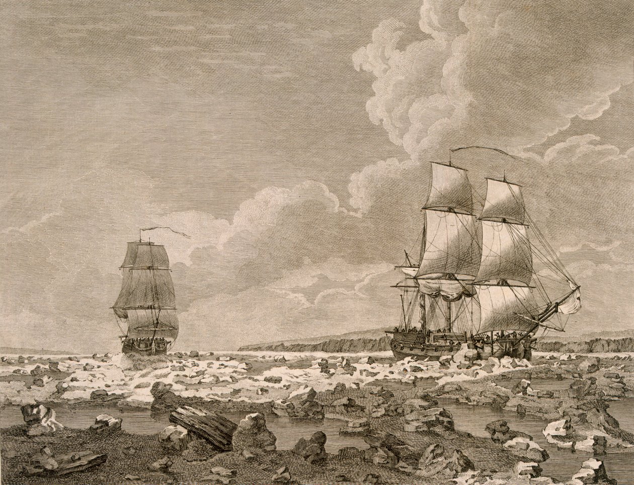 Dostihový kůň a mršina se tlačí ledem, 10. srpna 1773, z Cesty k severnímu pólu, kterou podniklo Velitelství Jeho Veličenstva v roce 1773, publikováno v Londýně 1774 od English School
