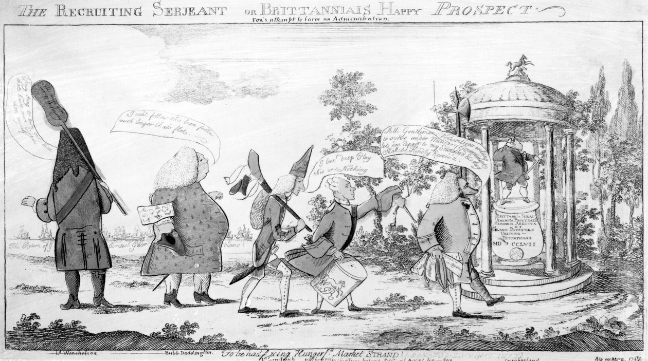 The Recruiting Sergeant nebo Britannias Happy Prospect, tisk vytvořil George Townshend, 1757 od English School