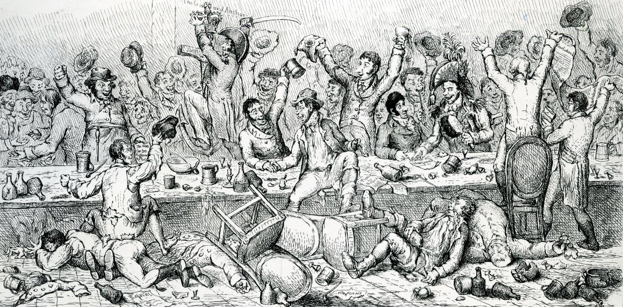 Večeře reformátorů, ilustrace převzatá ze satiristy, 1809 od English School