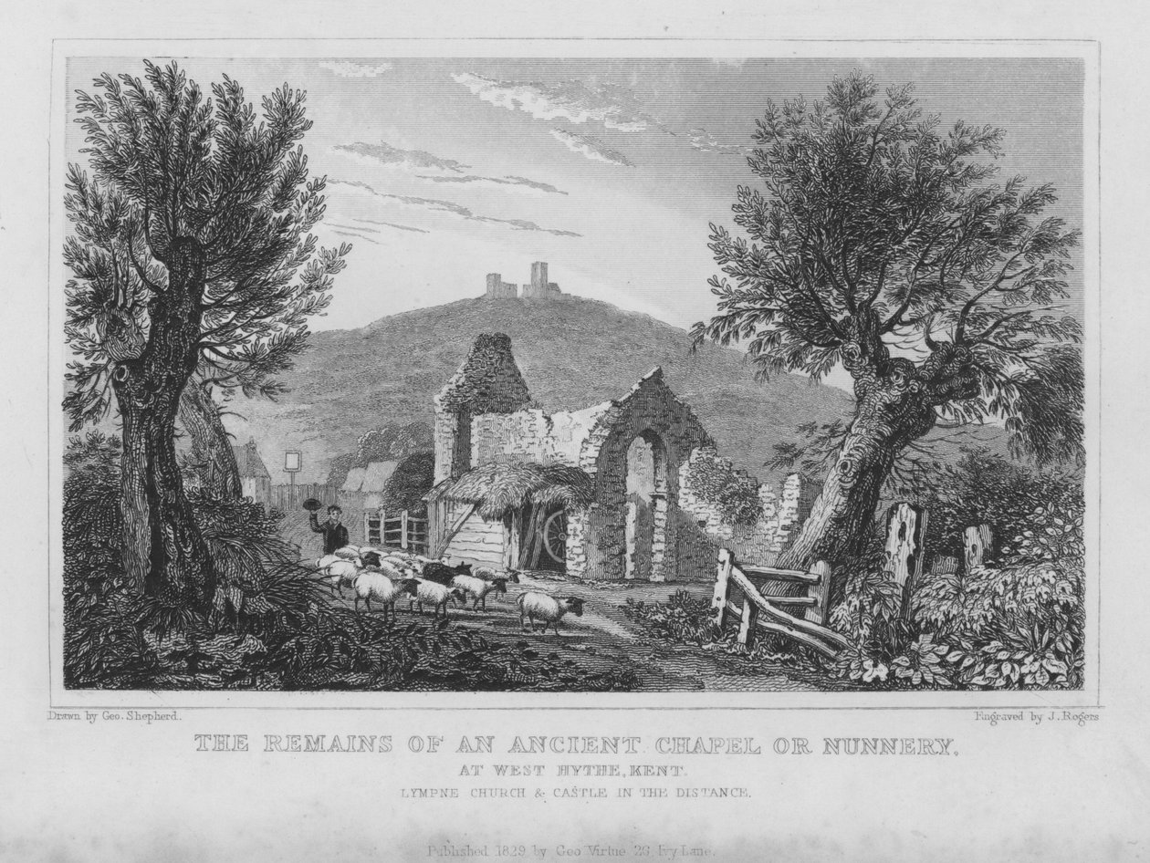 Zbytky starobylé kaple nebo kláštera ve West Hythe, Kent (rytina) od English School