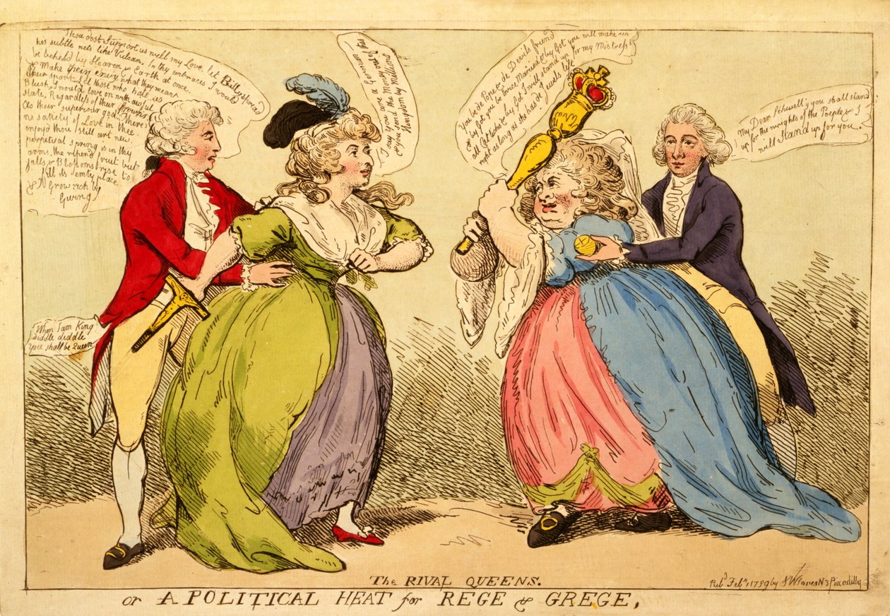 The Rival Queens aneb Political Heat for Rege and Grege, 1789 (ručně kolorovaná rytina) od English School