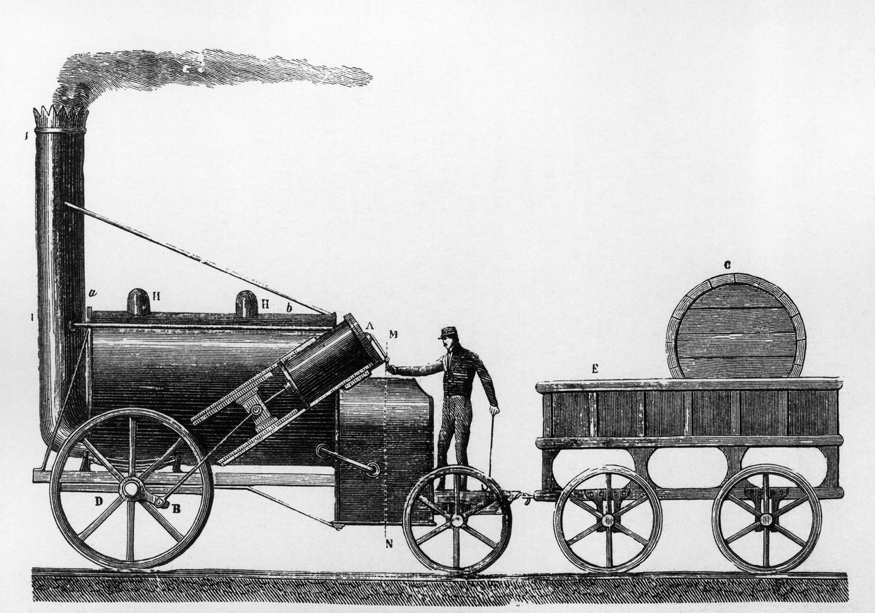 Rocket, parní lokomotiva navržená a postavená Georgem a Robertem Stephensonem v roce 1829 pro železnici Liverpool-Manchester (rytina) od English School