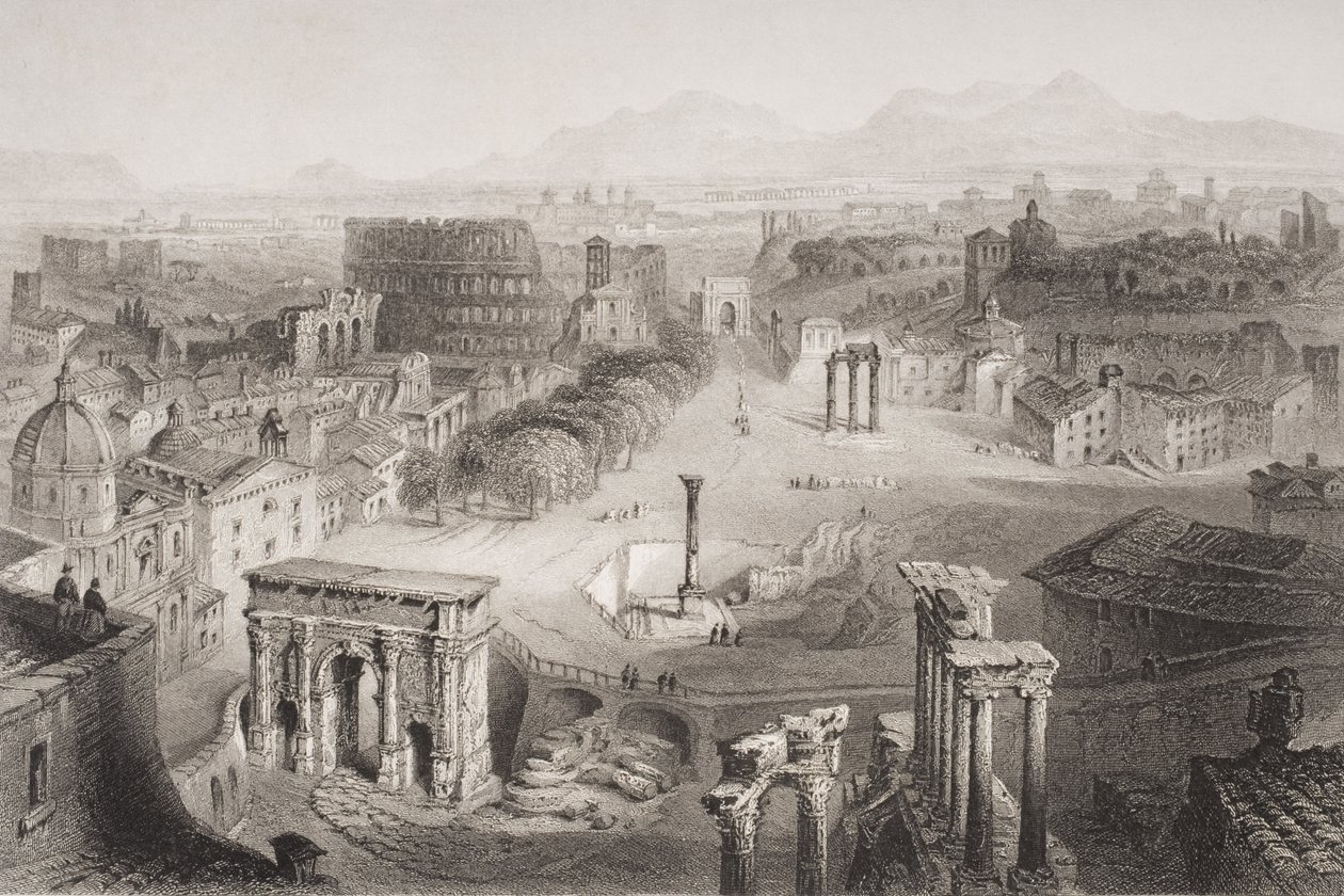 Forum Romanum z Kapitolu, Řím, vyryl A. Willmore od English School