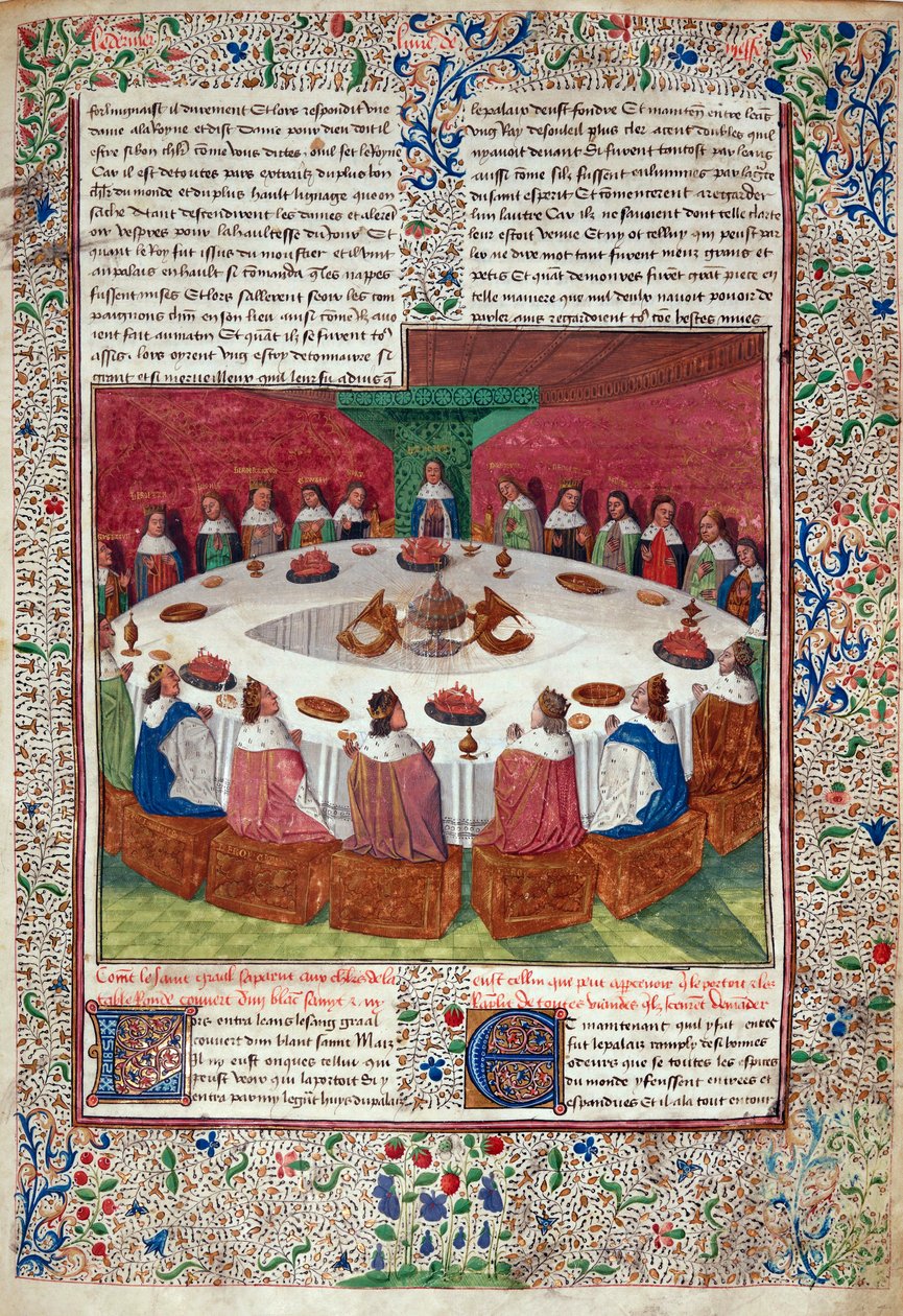 Kulatý stůl a svatý grál z „Knihy Messire Lancelot du Lac“ od English School