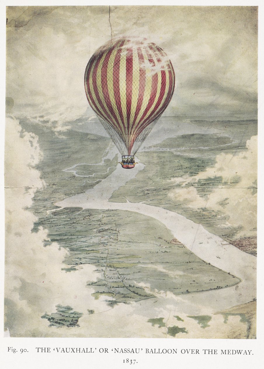 Balón „Royal Vauxhall“ nebo „Nassau“ nad Medway, Kent, na začátku své cesty po Evropě od English School