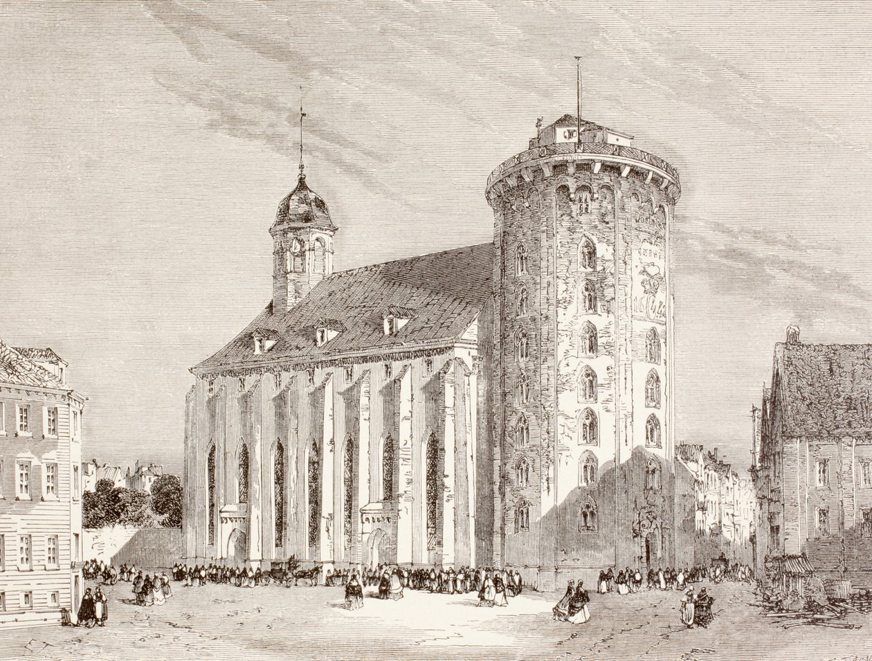 Rundetarn nebo kulatá věž v Kodani, Dánsko v devatenáctém století (litho) od English School