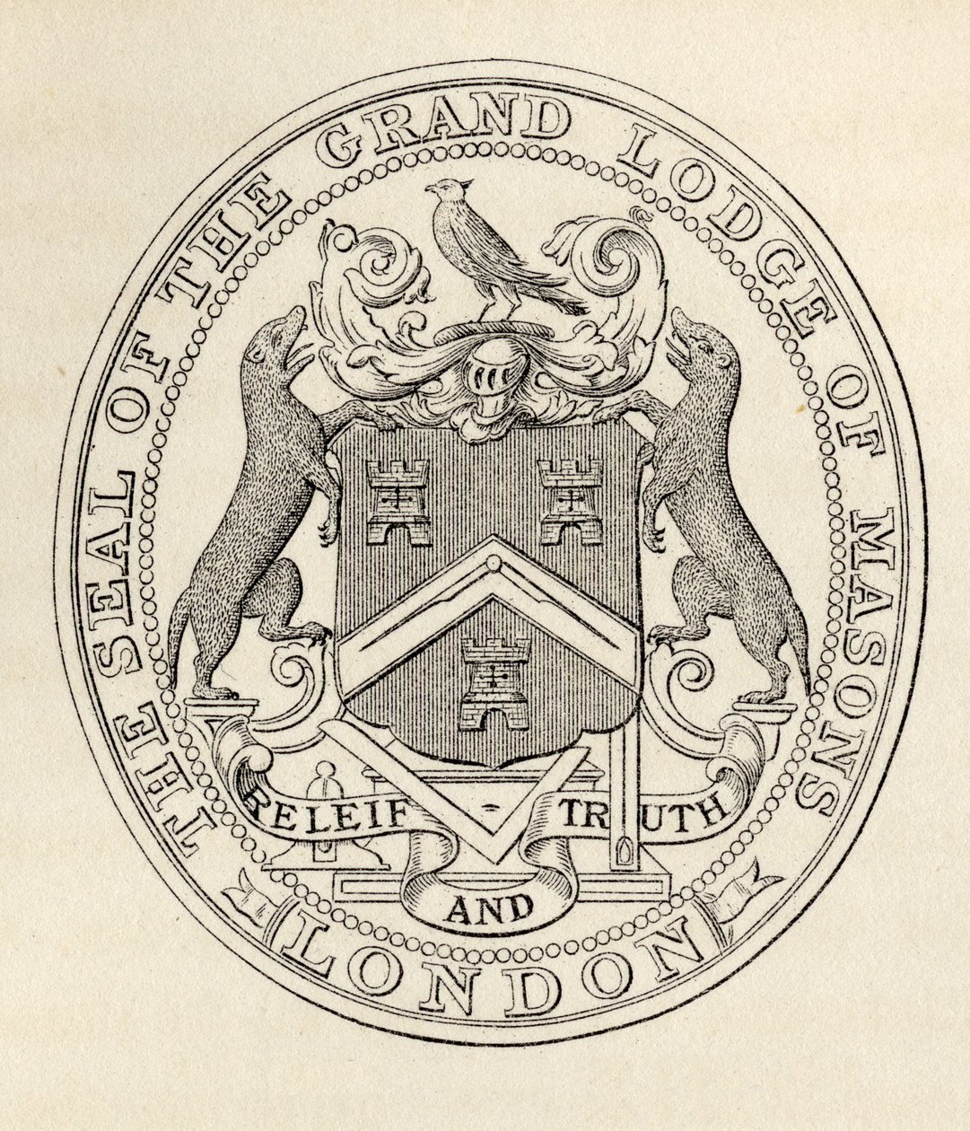 Pečeť Velké zednářské lóže, Londýn, před rokem 1813, z „Dějiny svobodného zednářství, svazek II“, vydané Thomasem C. Jackem, Londýn, 1883 od English School