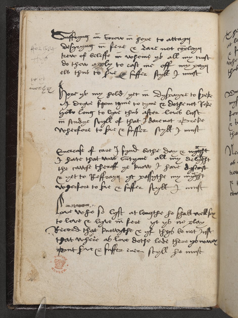 Sheltunský akrostich, z "Devonshirského rukopisu", Add MS 17492, f.6v (pero a tuš na papíře) od English School