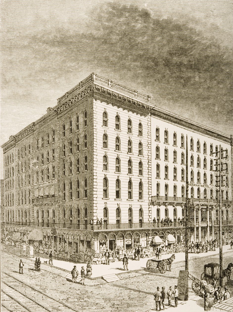 The Sherman Hotel, Chicago, kolem roku 1870, z „American Pictures“ vydané společností Religious Tract Society, 1876 od English School