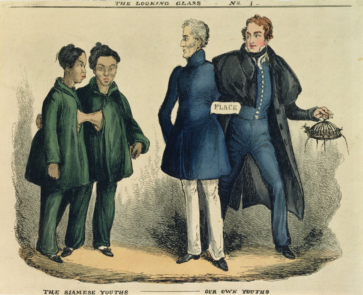 The Siamese Youths - Our Own Youths, satirická karikatura z The Looking Glass, kolem roku 1829 (barevný lept) od English School