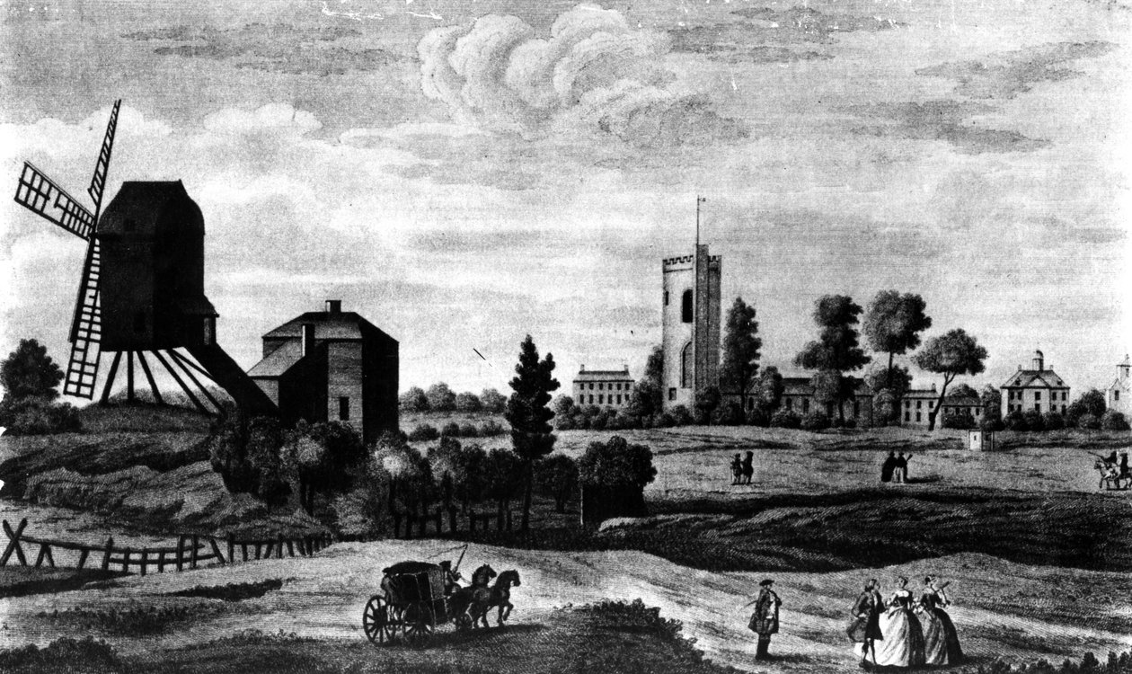 Jižní pohled na Barnes, tisk Henry Overton od English School