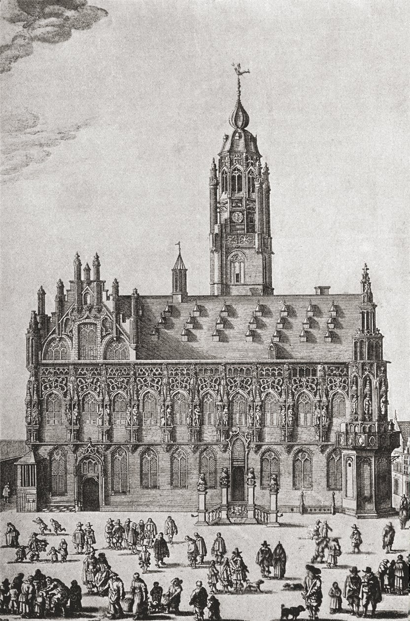 Stadhuis, Middelburg, jak tomu bylo v 16. století, z „Krátké historie anglického lidu“ od J. R. Greena, vydané v roce 1893 od English School