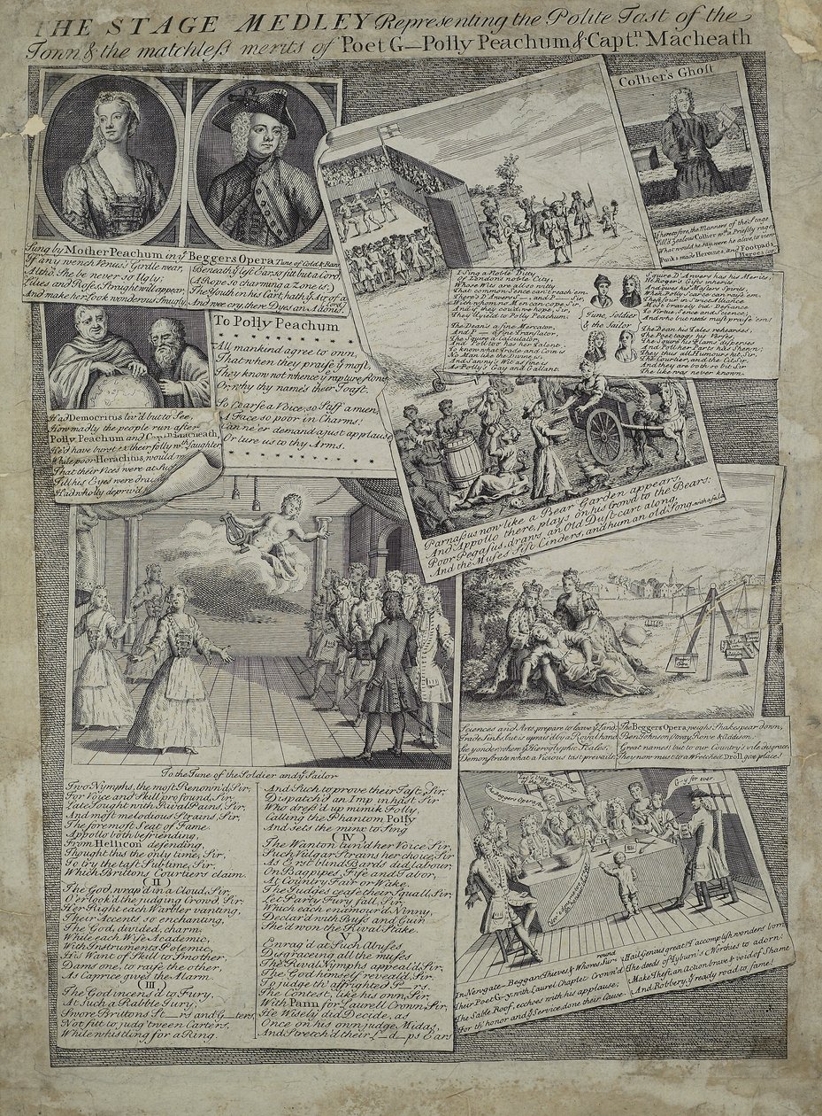 Stage Medley představující zdvořilý vkus města a bezkonkurenční zásluhy básníka G., Polly Peachumové a kapitána Macheatha, kolem roku 1728 od English School