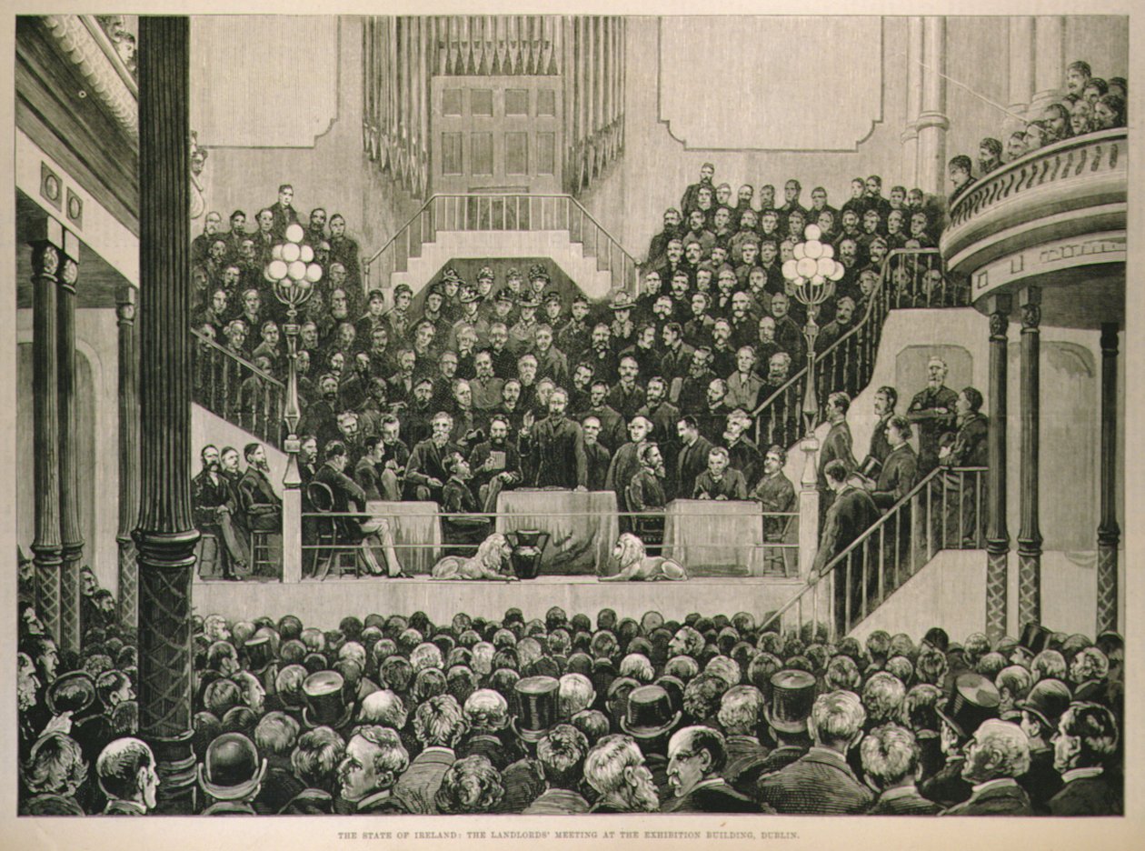 Irský stát: Setkání pronajímatelů ve výstavní budově v Dublinu, z The Illustrated London News, 14. ledna 1882 od English School