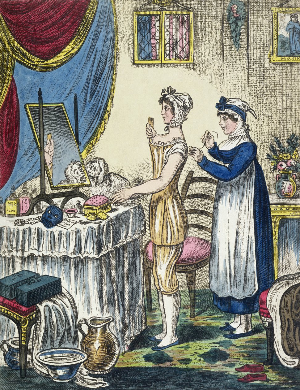 The Stays, deska 1 z The Progress of the Toilet, c.1810 od English School