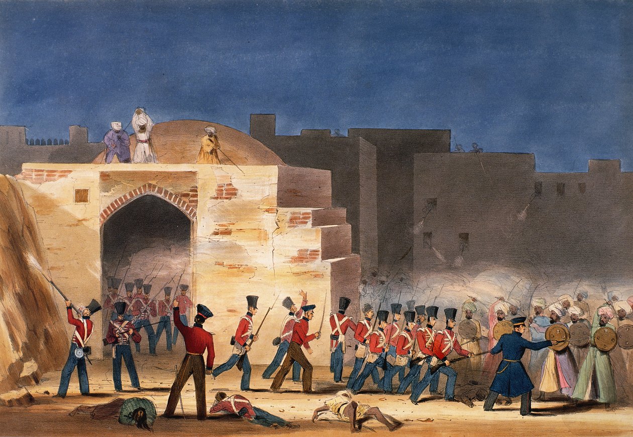 The Storming of Ghuznee, vnitřní pohled na bránu v roce 1839, první afghánská válka od English School