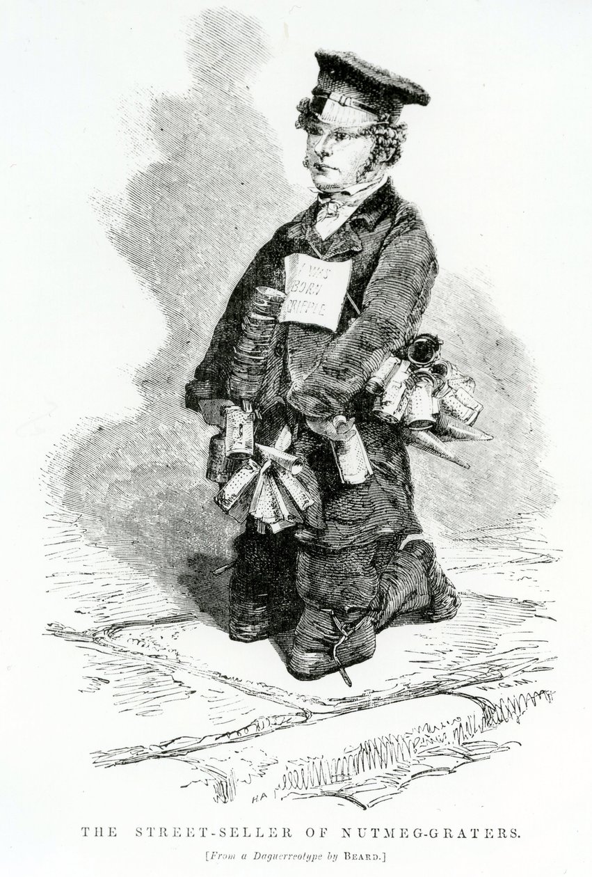Pouliční prodejce struhadel na muškátový oříšek, kolem roku 1840 od English School