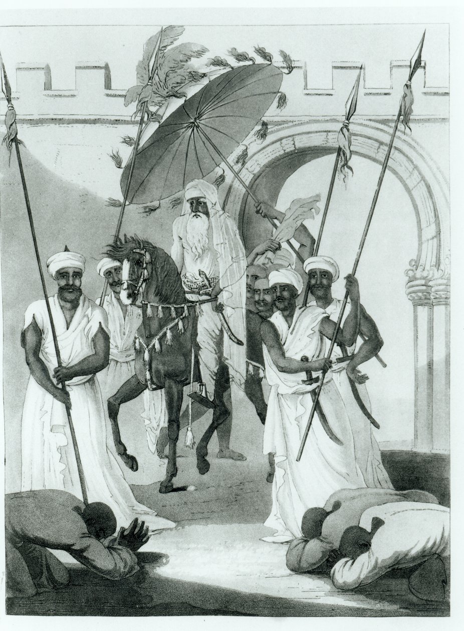 Marocký sultán přichází na audienci, z knihy Maurice Keatingeho Cesty po Francii a Španělsku do Maroka, vydané v roce 1817. od English School