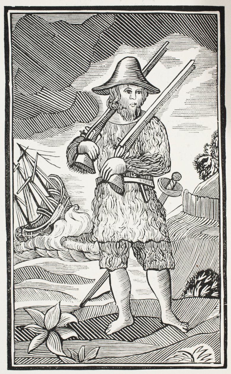 Překvapivý život a nejpodivnější dobrodružství Robinsona Crusoe z města York, Mariner, ilustrace z Chap-books of the Eighteenth Century od Johna Ashtona, hospoda. 1882 od English School