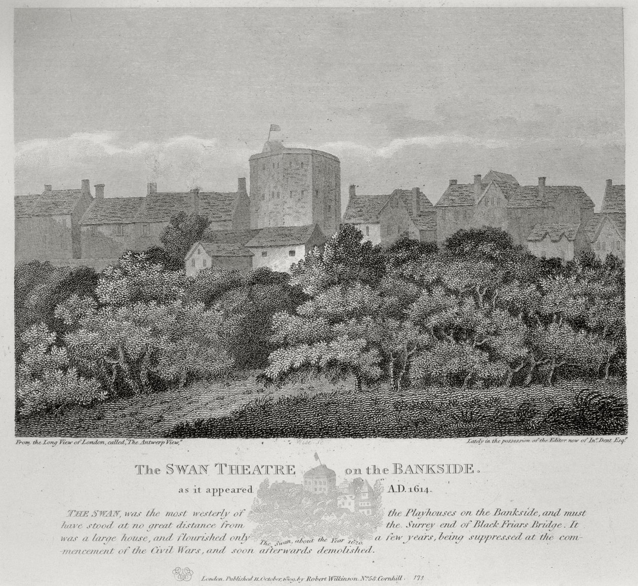 Swan Theatre on the Bankside, jak se objevilo v roce 1614, vydáno v roce 1809 od English School